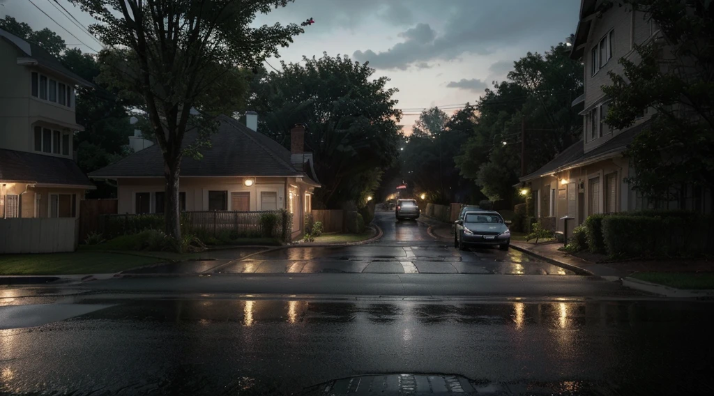 "(Highest quality, High resolution, Photorealistic:1.37), Raindrops, Dimly lit street, Trees on both sides々, Paved road, Neighboring House々, Mysterious atmosphere, Two cars passing by, Headlights are off, And the other one has his headlights on"