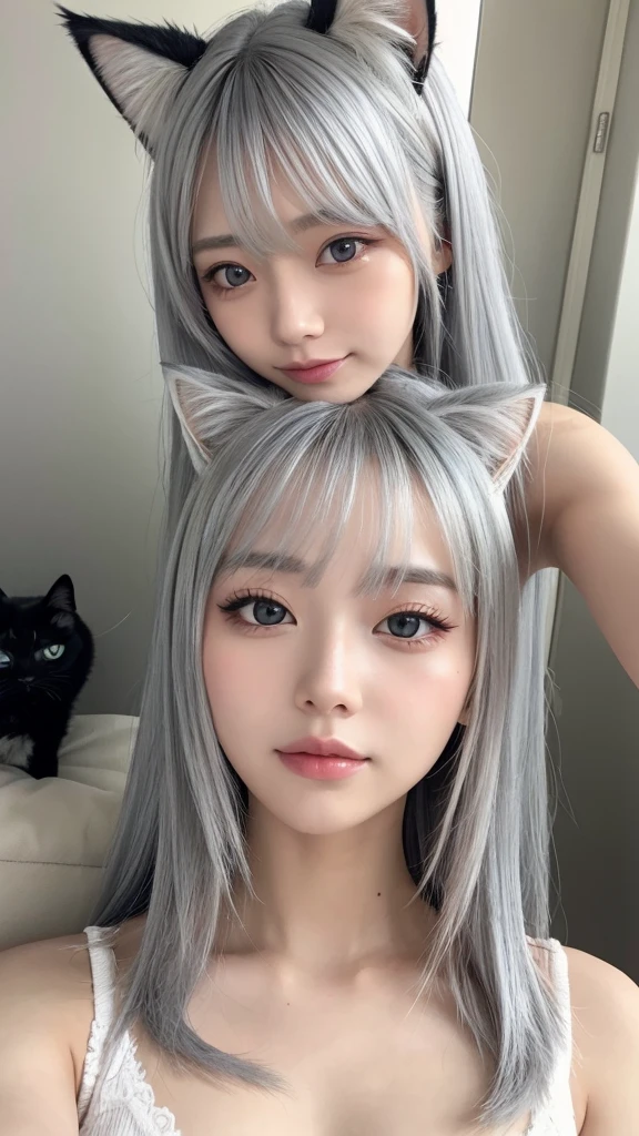 beautiful girl、Cat ear、Silver Hair
