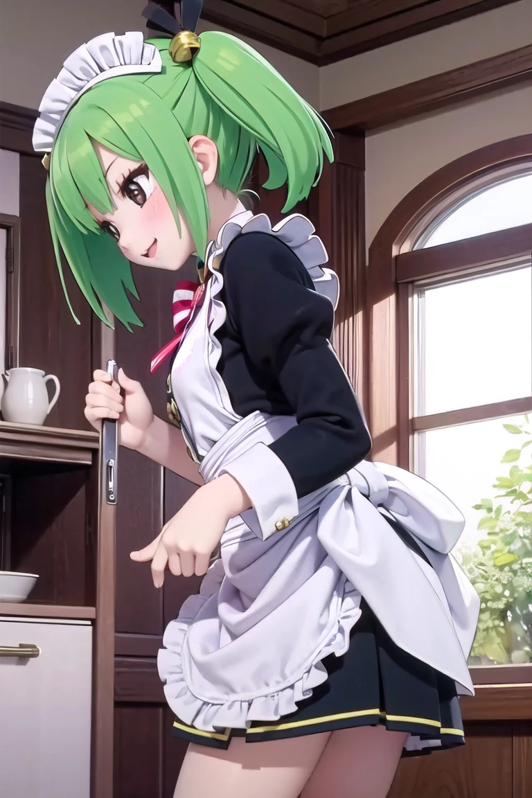 best quality, 1girl, Tamaki Kannazuki, 1tamaki, nsfw, long hair, from behind, doggystyle, blush, smile, skirt lift, cum on body, maid uniform, lift by self, upskirt