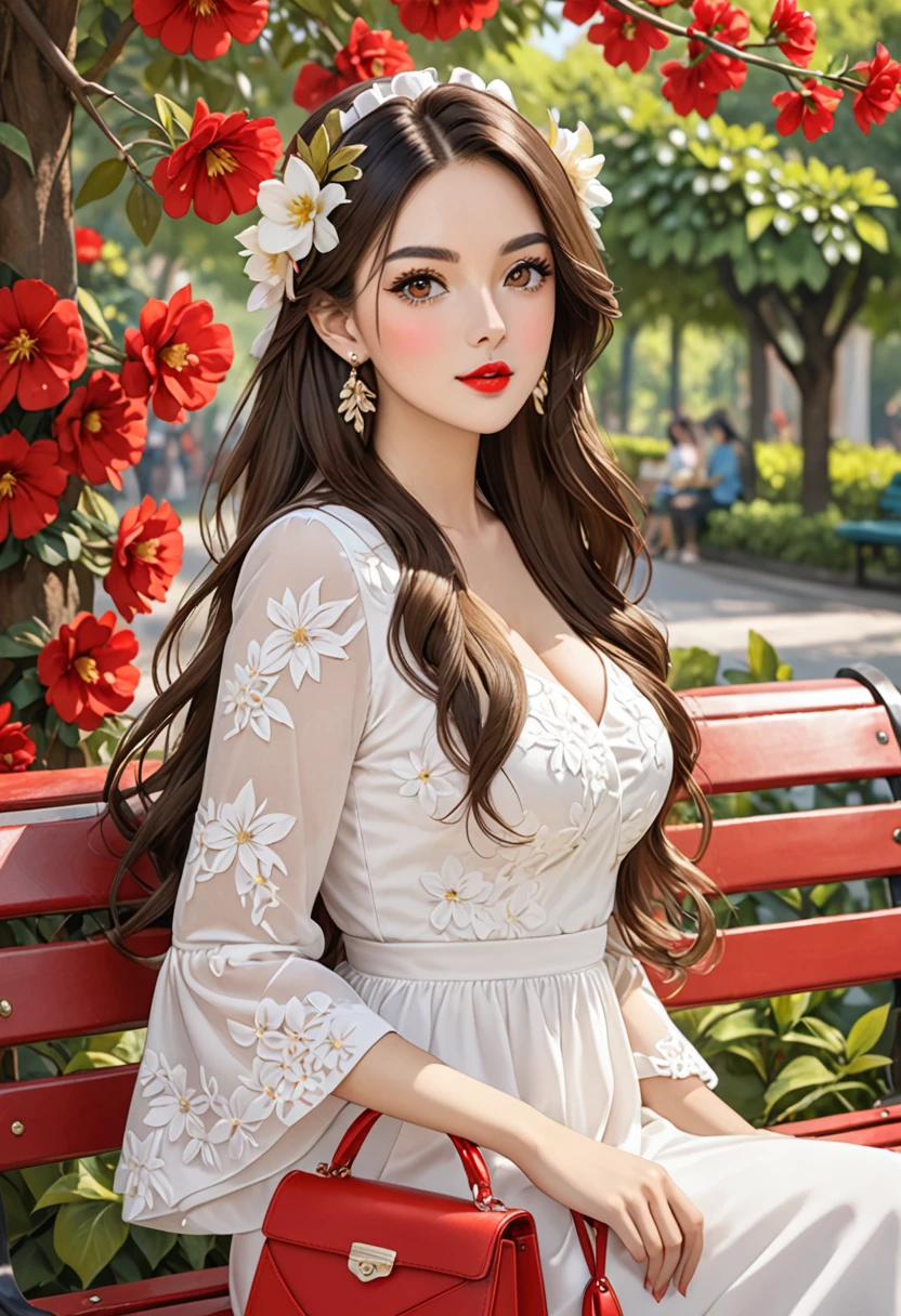 1girl solo long hair breasts looking at viewer brunette headgear dress brown eyes jewelry sitting upper body string flower earrings outdoors hair flower bag tree leaves handbag red lips bench