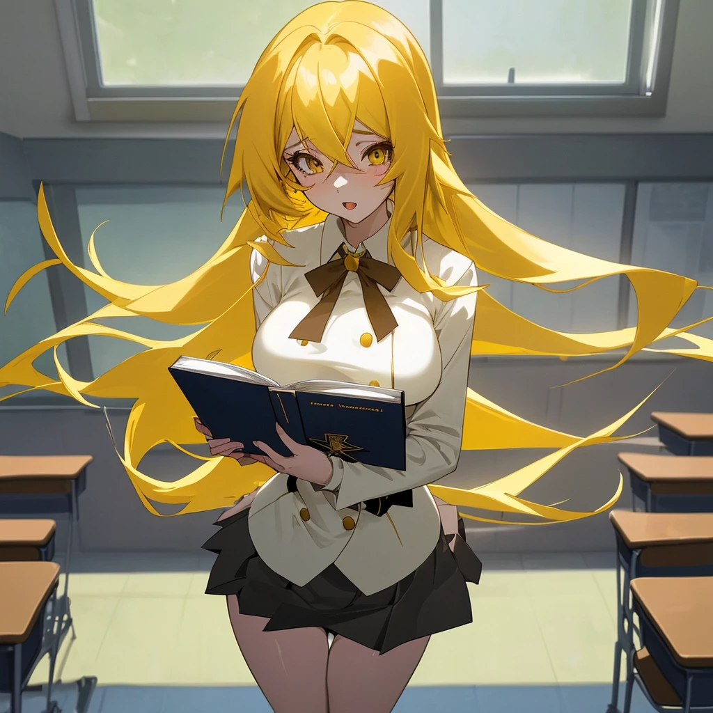Beautiful girl with long yellow hair, big breasted anime girl wearing a short skirt  in front of the classroom, holding a  book.