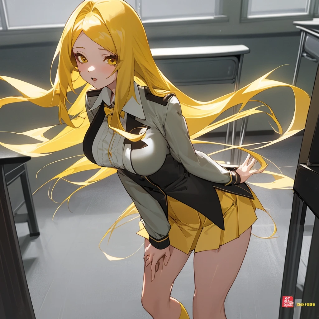Beautiful girl with long yellow hair, big breasted anime girl wearing a short skirt in front of the classroom, holding a pornographic book.