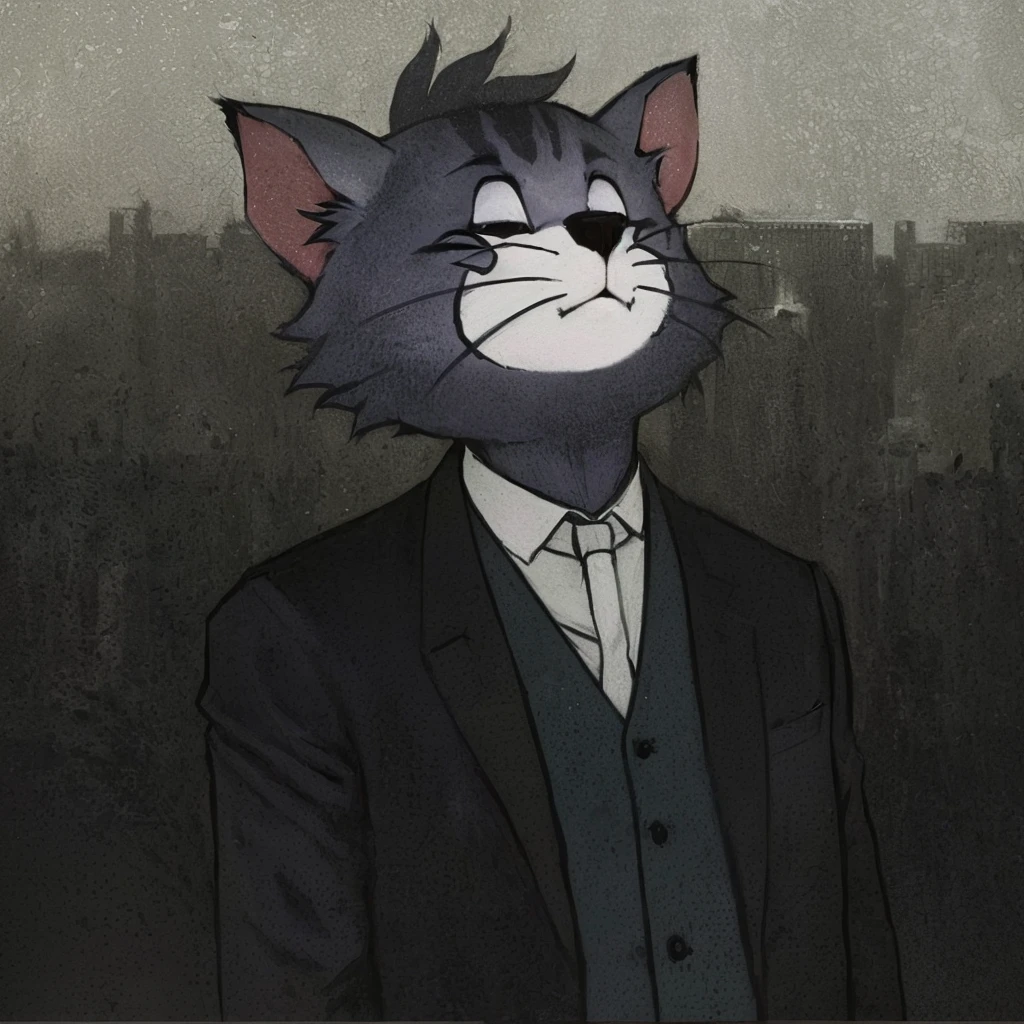 There is a cartoon cat wearing a suit and tie, an Anthropomorphic gangster mouse, an Anthropomorphic Cat, Anthropomorphic gangster mouse, Raccoon in formal clothes, Animation stills, Warrior cat gray fur, Josh Slytherin Art, Anthropomorphic Cat, legoshi from beastars, Anthropomorphic Cat 汤姆猫