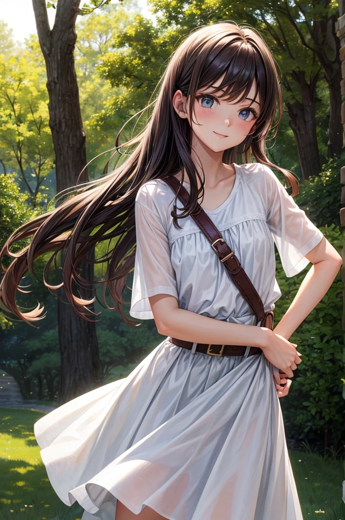 Jeune fille, peau bronzée, couette brune, yeux dorée, très petit seins, souriante, harnais en cuir, t-shirt blanc sans manche, pantalon en tissu noir, ceinture en cuir, épée fourreau hanche droite, marche sur un chemin de terre, forêt, soirée