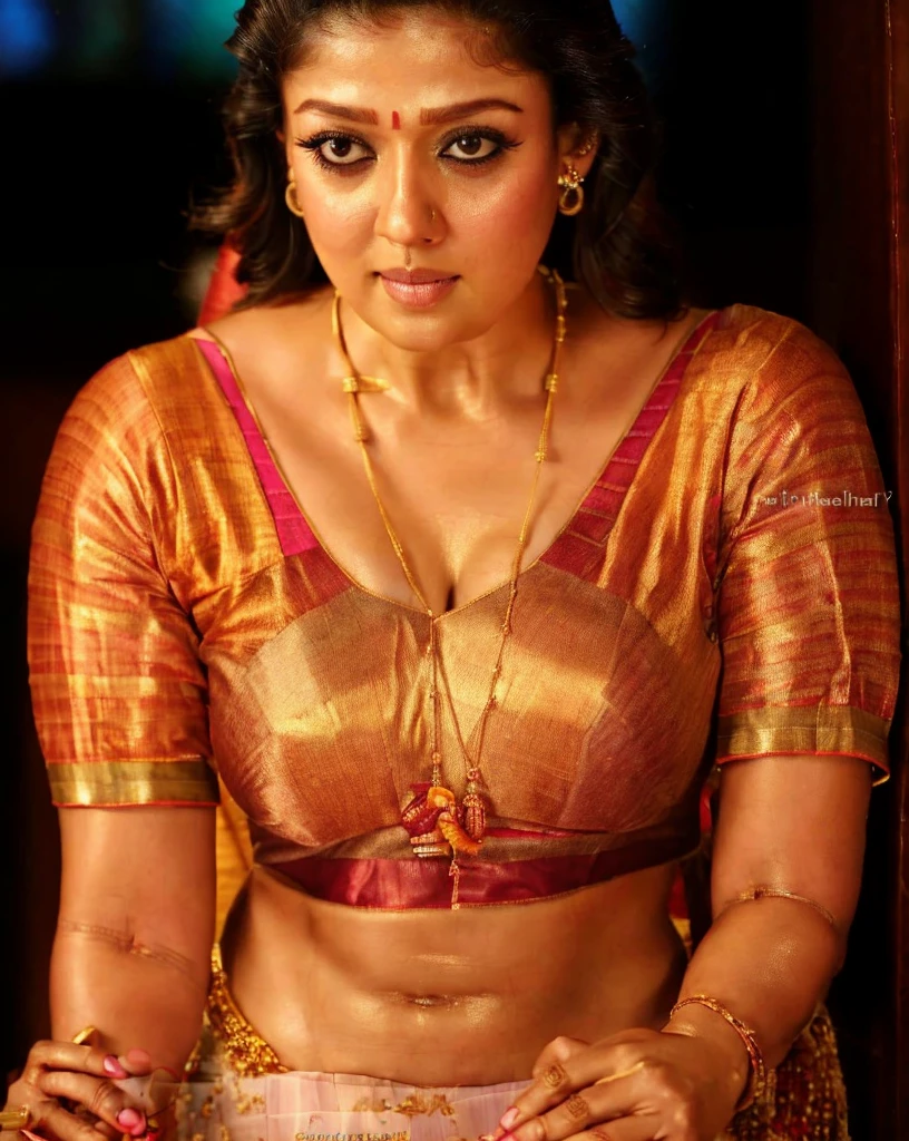 Foto RAW, photorealistic, photography, full body shot of ((Nayanthara )) , ((Nayanathara )) ,master shot, goddess like beauty, Nayanthara as perfect thick chubby mallu Desi aunty bhabhi, Wearing a very tight kanchivaram silk peach color Stanapatta, a chest-band.Front hook tamil blouse model, model Photography, tight Tamil front hook silk torn blouse shoot, Tamil traditional ((front hook blouse)) advertising photography, traditional wear brand shoot, face of Indian actress Nayanthara , masterpiece, realistic, realism, incredible details, pleasure, photorealism, detailed skin, skin pores, high contrast, photorealistic Artstation 8k HD digital art trend of high definition and detailed realistic skin texture, ultra detail, realistic skin texture, armature, best quality, ultra high definition, (photorealistic:1.4),, high resolution, detail, raw photo, Re sharp, by Lee Jefferies Nikon D850 Film Stock Photo 4 Kodak Portra 400 Camera F1.6 Lens Rich Color Ultra Real Realistic Realistic Textures Dramatic Lighting Unreal Engine Trending at Art Station Cinestill 800,(pele altamente detalhada: 1.2), 8k UHD, DSLR, soft-lighting, alta qualidade, grain of film, Fujifilm XT3,she didn't like to wear blouse or bra, she happy to wear only saree, she hates blouse or bra, very big popping out and cleavage, round navel , only one navel