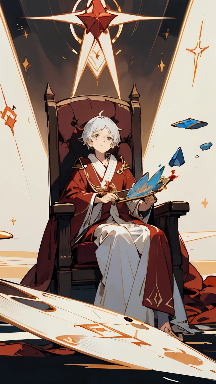 Sorcerer sitting on a chair levitating in the void. The sorcerer is elderly and is dressed in a long white and red robe with glowing magical runes