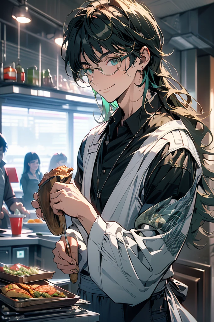 (masterpiece, highest quality, best quality, highest detailed, perfect face) 1 male, adult, muscular, broad man, long green hair, green eyes, (Clothes: glasses, black undershirt, kitchen accessories, apron) in a fast food kitchen, cooking, lots of food, lewd smile,