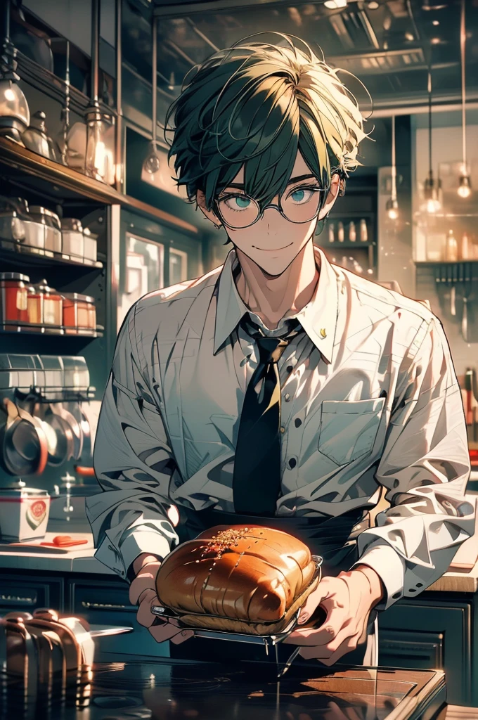 (masterpiece, highest quality, best quality, highest detailed, perfect face) 1 male, adult, muscular, broad man, long green hair, green eyes, (Clothes: glasses, black undershirt, kitchen accessories, apron) in a fast food kitchen, cooking, lots of food, lewd smile,