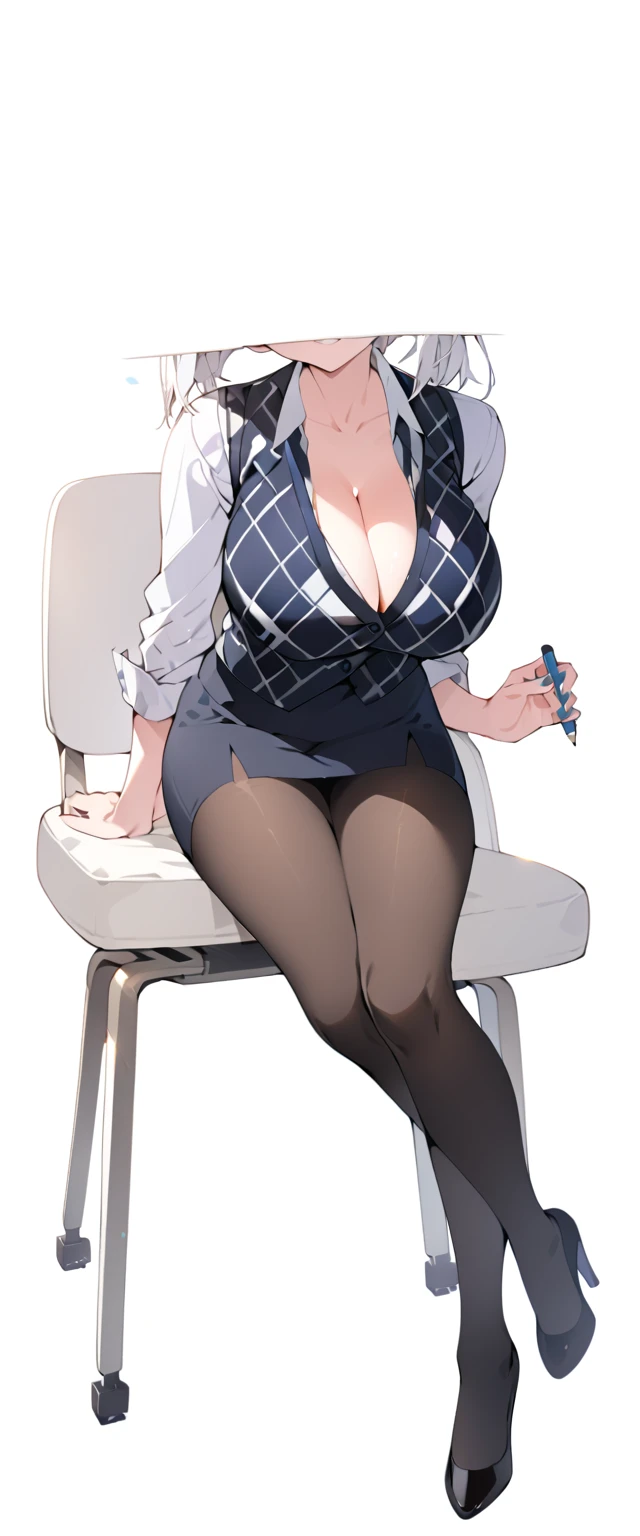 beautiful, masterpiece, Highest quality, anime, One girl, C Cup,Portrait Shot, View your viewers, Covered、Medium Hair、nearby、Blue Eyes、art、、White hair,Blue streaked hair、Beauty、officeレディ、Big Breasts、short hair、チェック柄のダークブルーのofficeスーツ)、new employee、Full Body Shot、Female office lady、break(Dark blue checked vest、White dress shirt、Navy mini tight pencil skirt:1.2)、(Black knee-highs、Absolute area、High heels)、break(office:1.3)、Cleavage、The skirt is torn、Standing posture、office、brown_tights、Sit cross-legged in a chair