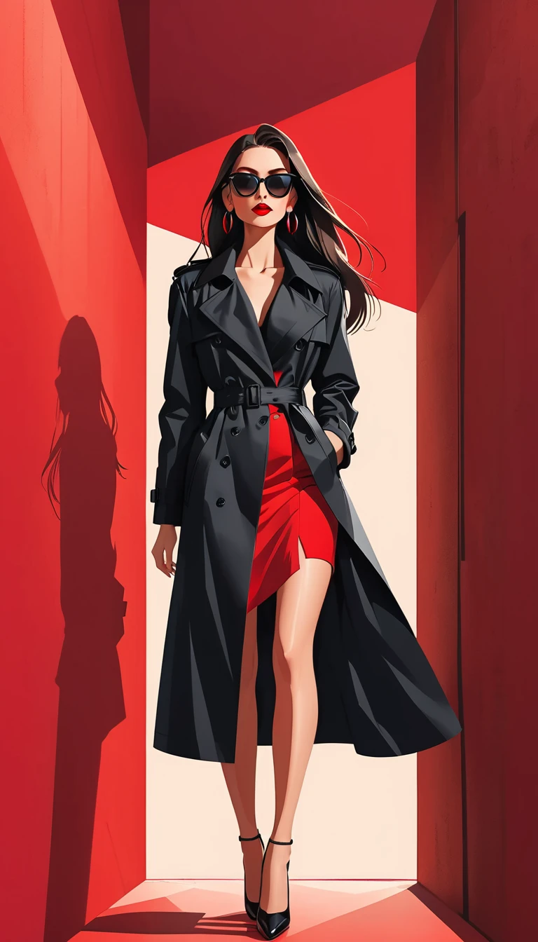 Simple vector illustration,Beautiful girl standing against the wall,Delicate red lips,unique,confidence,Long straight hair,sunglasses,Exaggerated earrings,unique,Staring at the audience),((Black deep V trench coat:1.37,Red bottoming skirt))。Looking from the bottom up,Geometric Light and Shadow,Clean and simple red background,watch