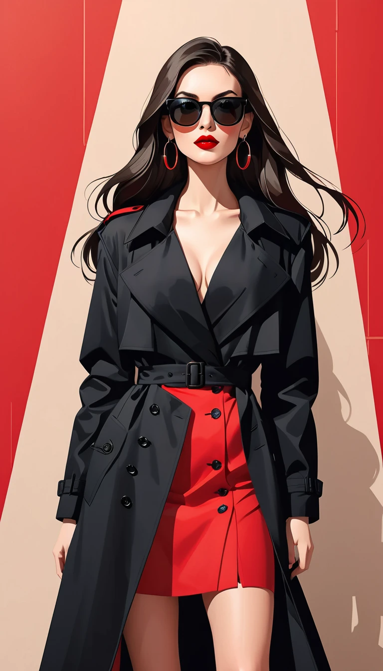 Simple vector illustration,Beautiful girl standing against the wall,Delicate red lips,unique,confidence,Long straight hair,sunglasses,Exaggerated earrings,unique,Staring at the audience),((Black deep V trench coat:1.37,Red bottoming skirt))。Looking from the bottom up,Geometric Light and Shadow,Clean and simple red background,watch