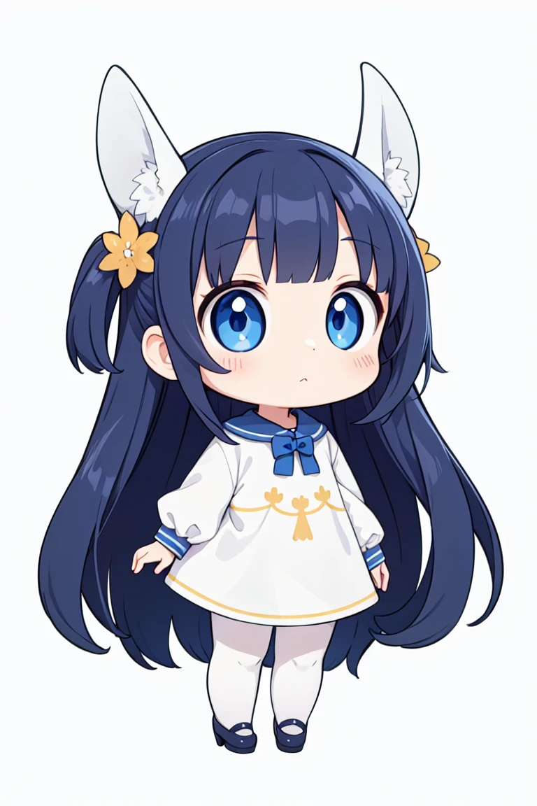 chibi, flat color, solo, full body, cute, (highest quality), blue eye, long hair, white clothes, white background, (masterpiece)