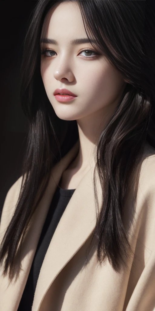 beautiful girl with realistic black eyes, pale skin, mid-length black hair, perfect face, perfect eyes, wearing coat, highly detailed, comprehensive cinematic, digital painting, 8k, cinematic lighting, best quality, highres, detailed work, post-processing, perfect result, hyper realistic