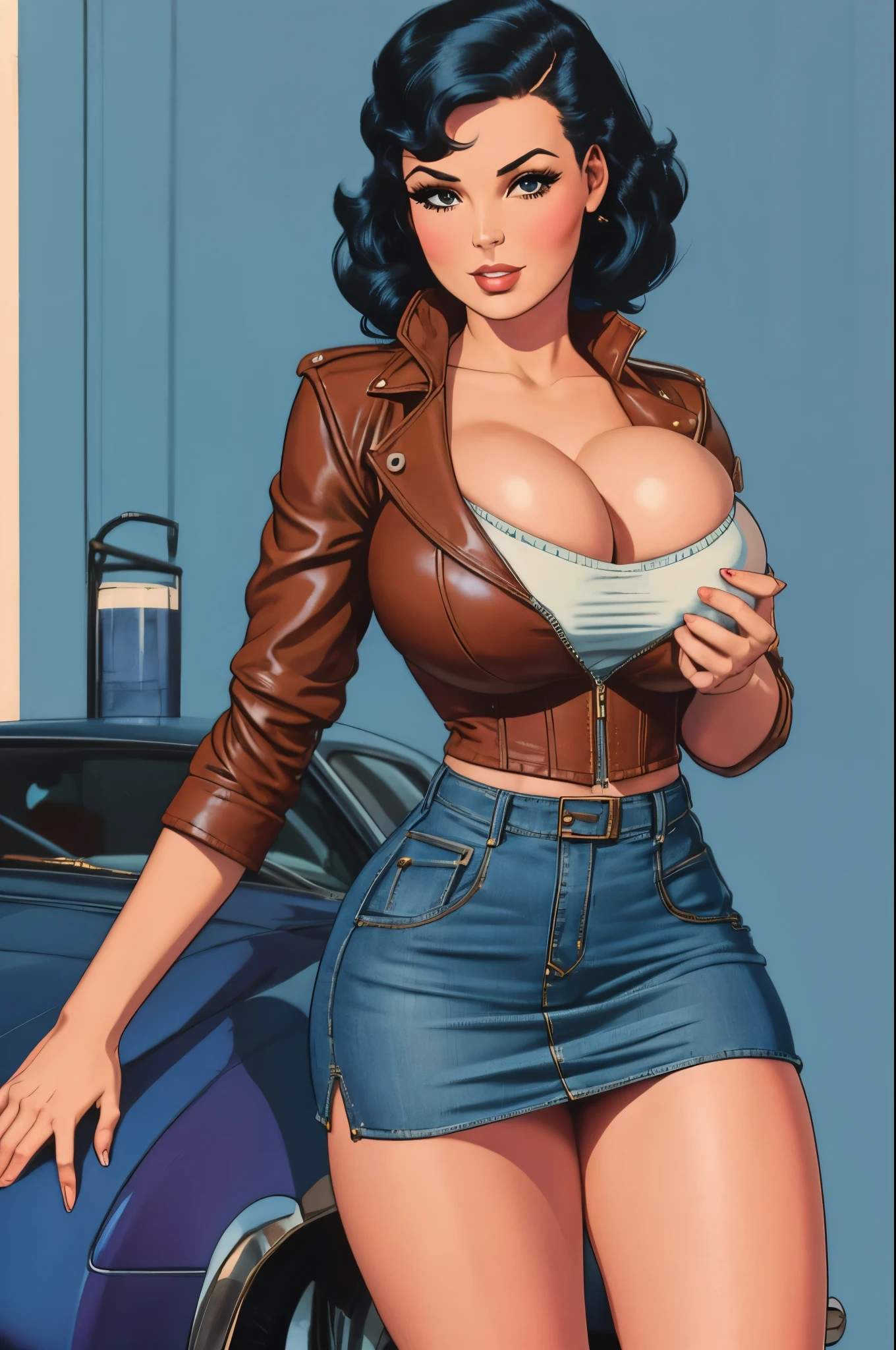 gorgeous woman, vintage pin up, leather jacket, blue-black hair, denim skirt, short skirt