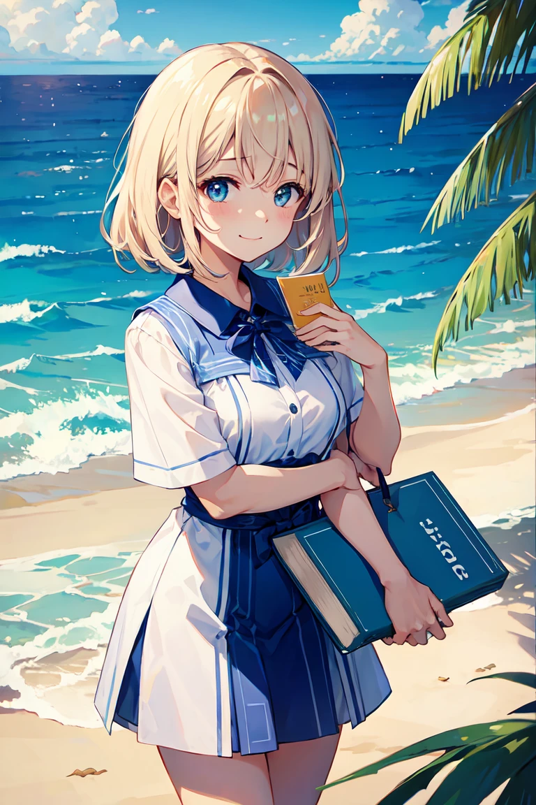 Female、smile、Sad look、Ocean、Tropical atmosphere,I have a book