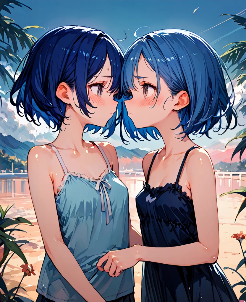 score_9, score_8_up,score_7_up,flat color, (deep kiss-face for viewer),embarrassed,BREAK.
(16 yo,detailed face,(darkblue hair,wavy-short hair),parallel eyebrows,small breasts),camisole,shiny skin,