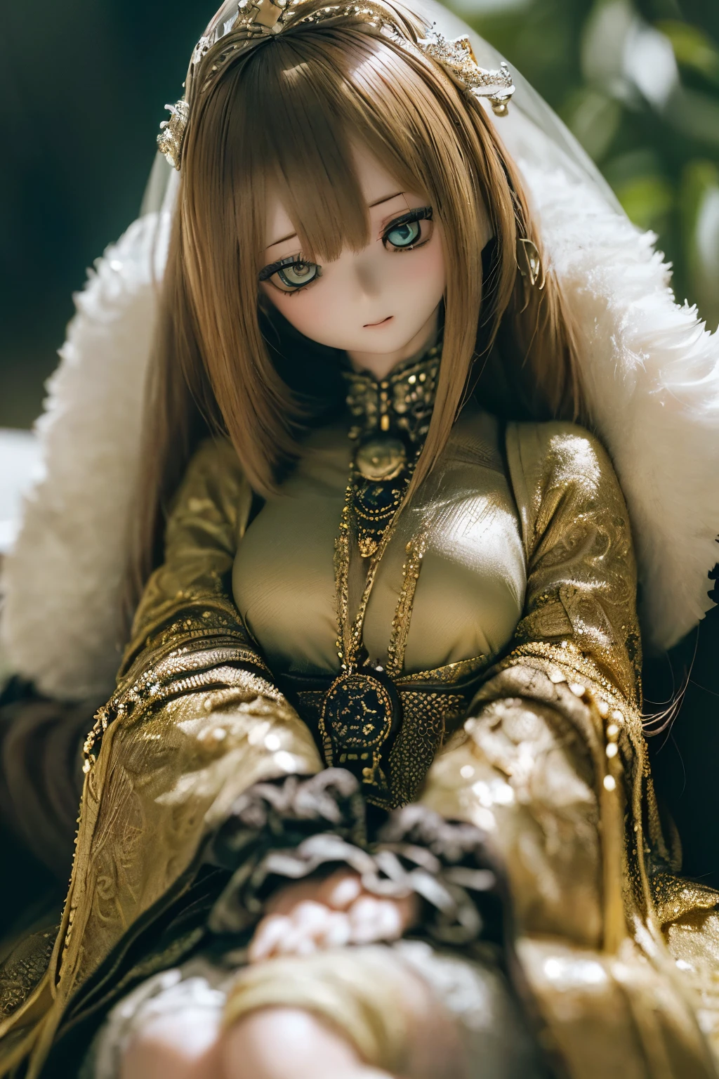 photorealistic, realistic photo, ((highest quality)), ((masterpiece)), (extremely detailed), kukolnydom, doll, (mature woman:1.7), solo, eye level shot, sitting on sofa, hands on knees, green eyes, (looking down, blank eyes, empty eyes, detailed eyes:1.3), light smile, dress, museum, 8k