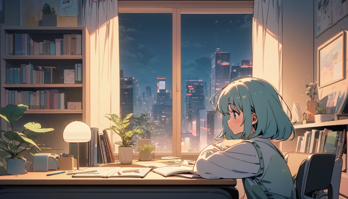 A tranquil, 1980s-style urban apartment designed for a YouTube Lofi music channel. The scene includes a cute, anime-style girl with a serene expression sitting at a desk, studying, viewed from the side. The apartment has modern furniture, large windows showing a cityscape, and shelves filled with books and plants. The girl is surrounded by study materials, including notebooks, pencils, and a lamp. Soft, pastel colors dominate the scene, creating a soothing and peaceful atmosphere. There are hints of everyday life, such as a cat sitting on the windowsill and a cup of tea on the desk. The overall vibe is relaxed and focused, perfect for a Lofi music channel. The artwork should have a high level of detail and clarity.