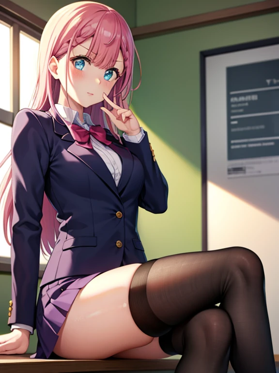 mafuyukirisu, mafuyu kirisu, blue eyes, braid, long hair, twin braids, pink hair, BREAK long sleeves, purple skirt, shirt, skirt, suit jacket, white shirt, blazer, BREAK looking at viewer, BREAK indoors, classroom, BREAK (masterpiece:1.2), best quality, high resolution, unity 8k wallpaper, (illustration:0.8), (beautiful detailed eyes:1.6), extremely detailed face, perfect lighting, extremely detailed CG, (perfect hands, perfect anatomy),kirisu mafuyu in class, class time, black stocking, holding condom in lips, slut face, seducing eyes,boots, center frills, dress, black thighs, normal lap, transparent thighs black