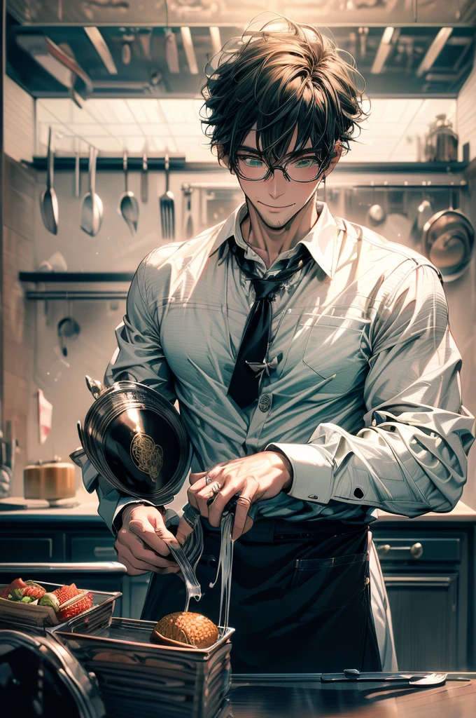 (masterpiece, highest quality, best quality, highest detailed, perfect face) 1 male, adult, muscular, broad man, long green hair, green eyes, (Clothes: glasses, black undershirt, kitchen accessories, apron) in a fast food kitchen, cooking, lots of food, lewd smile,