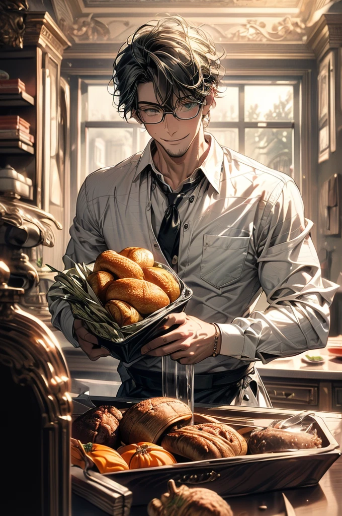 (masterpiece, highest quality, best quality, highest detailed, perfect face) 1 male, adult, muscular, broad man, long green hair, green eyes, (Clothes: glasses, black undershirt, kitchen accessories, apron) in a fast food kitchen, cooking, lots of food, lewd smile,