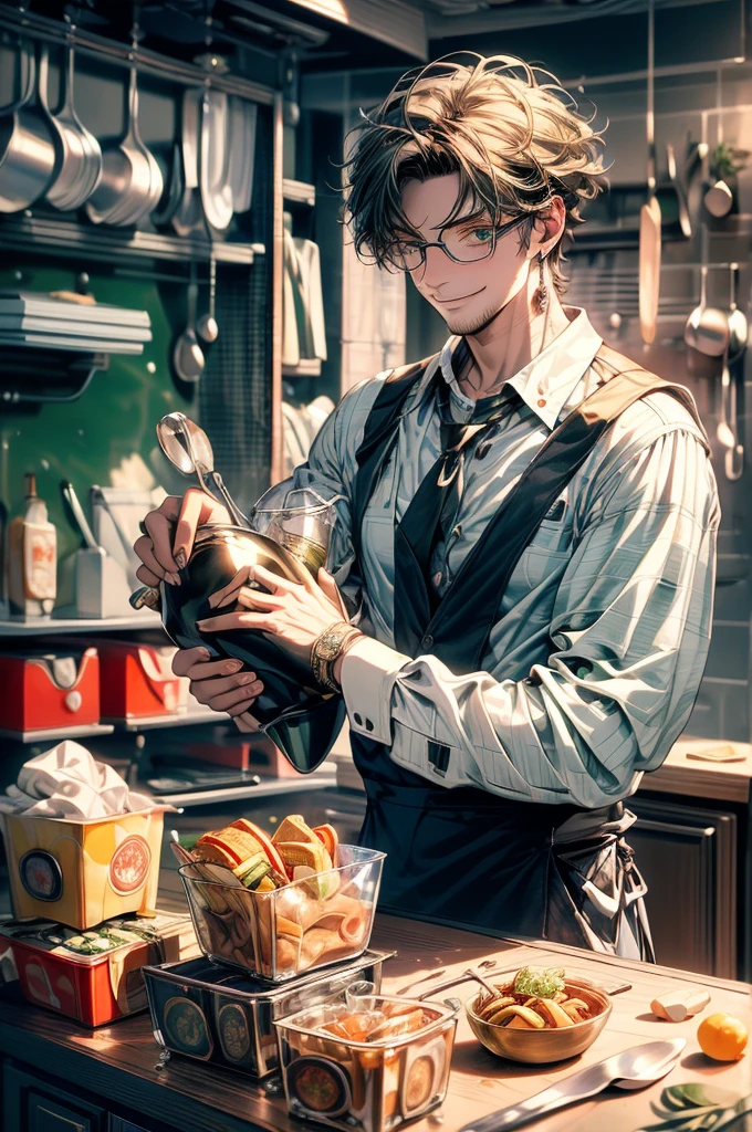 (masterpiece, highest quality, best quality, highest detailed, perfect face) 1 male, adult, muscular, broad man, long green hair, green eyes, (Clothes: glasses, black undershirt, kitchen accessories, apron) in a fast food kitchen, cooking, lots of food, lewd smile,