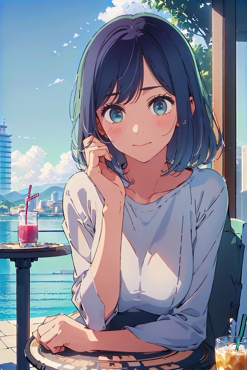 (Highest quality:1.4、masterpiece:1.4、超detailed:1.4、Ultra-high resolution:1.4、Absurd:1.4、Absolute Resolution:1.4、8K:1.4、detailed:1.4)、Slim body、((((1 person、sit、Happy expression、Chair、In the background are the urban buildings of Tokyo、looking at the camera、Outdoor café terrace、Navy hair color、juice、table、Very cute face))))、((((、very beautiful 、valley))))、(Pose with hands tucked behind ears:1.4、Cheek resting on hand:1.4)、(:1.0)、Very blue sky、A completely cloudless sky