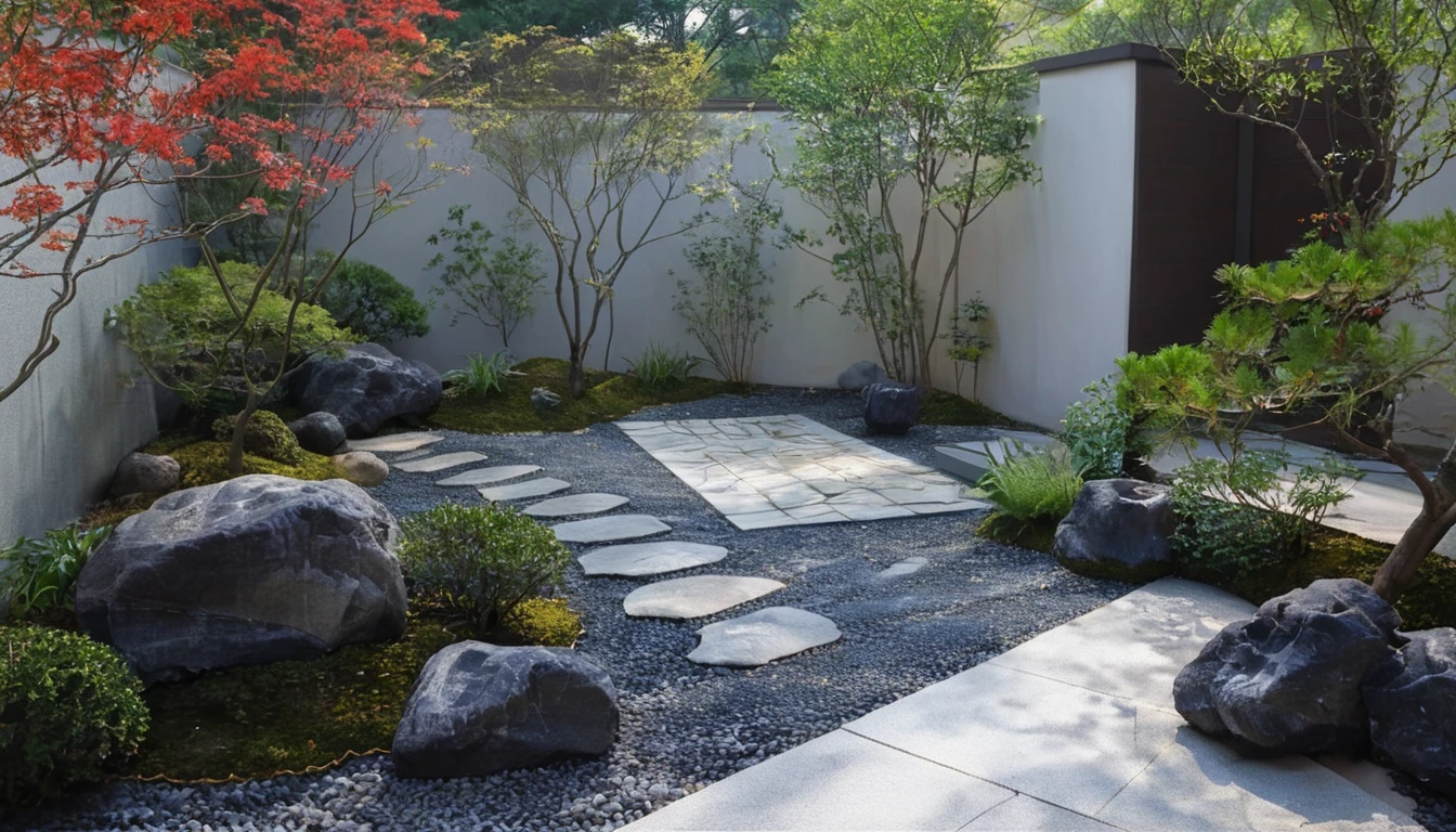 Quantum LCD,Garden,Zen Melon Garden，No humans,Tree,landscape,outdoor,sky,stairs,plant,Fence,This picture shows a modern courtyard landscape. There is a uniquely shaped gray rock on the screen,Seems to be carefully selected and arranged. There is a path paved with black pebbles next to the rock.,Winding through the courtyard. Central courtyard,there is a beautifully shaped Tree with a twisted trunk and lush leaves,Gives people an ancient and exquisite feeling，There is also a small pond，There are koi fish swimming around inside，On the right side of the Tree is a small bonsai plant,The foliage is luxuriant,Presenting a vibrant scene. In the background,You can see a hollow fence.，能够依稀看到后面的landscape，There are some vertical lines on the texture,In sharp contrast to the foreground. The whole scene is illuminated by sunlight,Looks very peaceful.,
