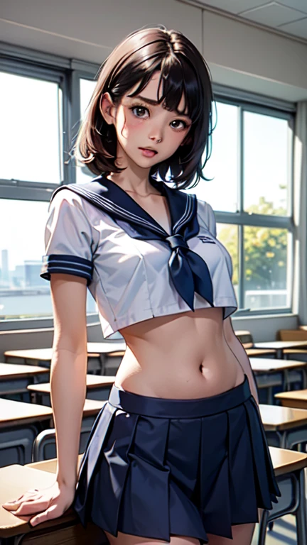 women in classroom, ((Sailor outfit, white crop top)), blue school skirt, Open the navel, Open belly, (Showing the abdominal area), cross the arms over chest, cry , 