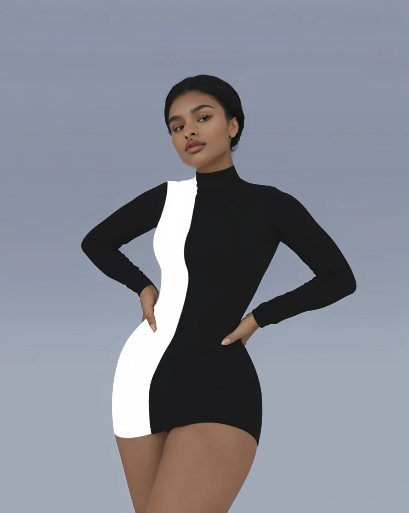 (Beautiful girl, Yara Shahidi, KIKI Layne, Kylie Jenner, Maitreyi Ramakrishnan, young Jessica Alba), Wearing tight white and black cotton-Lycra-fabric long sleeve mini dress, round breasts, slim waist, big hips, beautiful soft thighs, beautiful legs,(HDR, 8K, vivid, vibrant, detailed: 1.4), (hyper realistic, movie graphics)