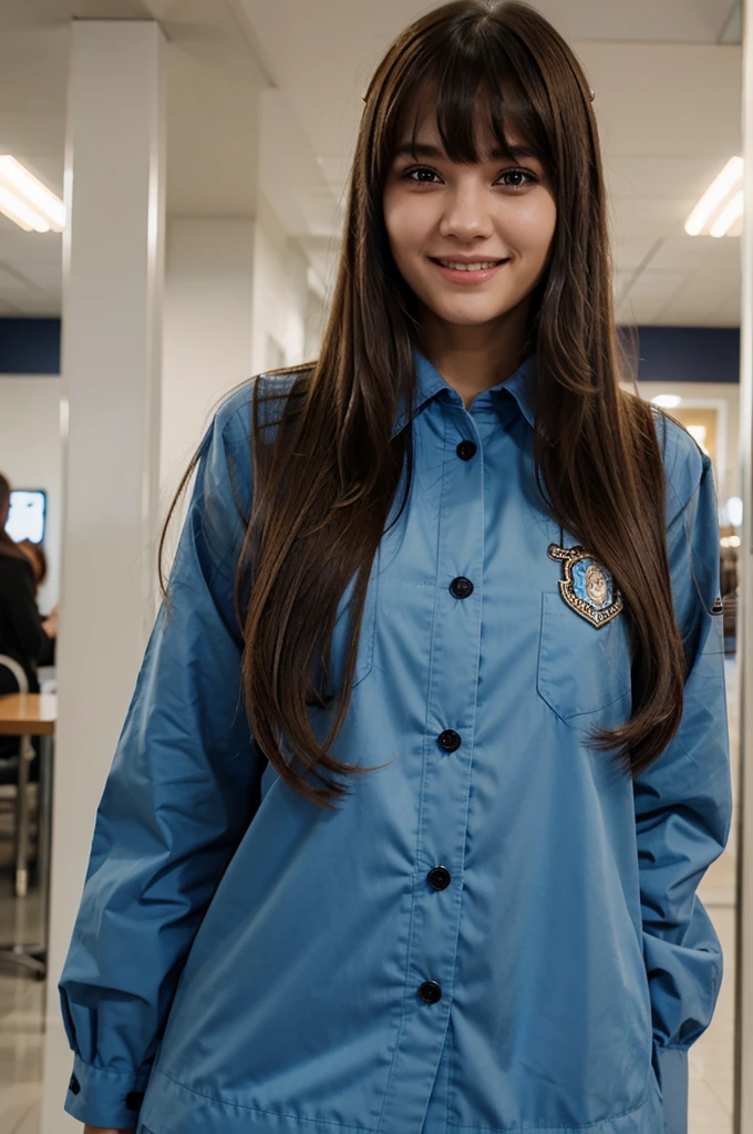 beautiful girl with long hair and bangs is smiling and wearing a uniform 