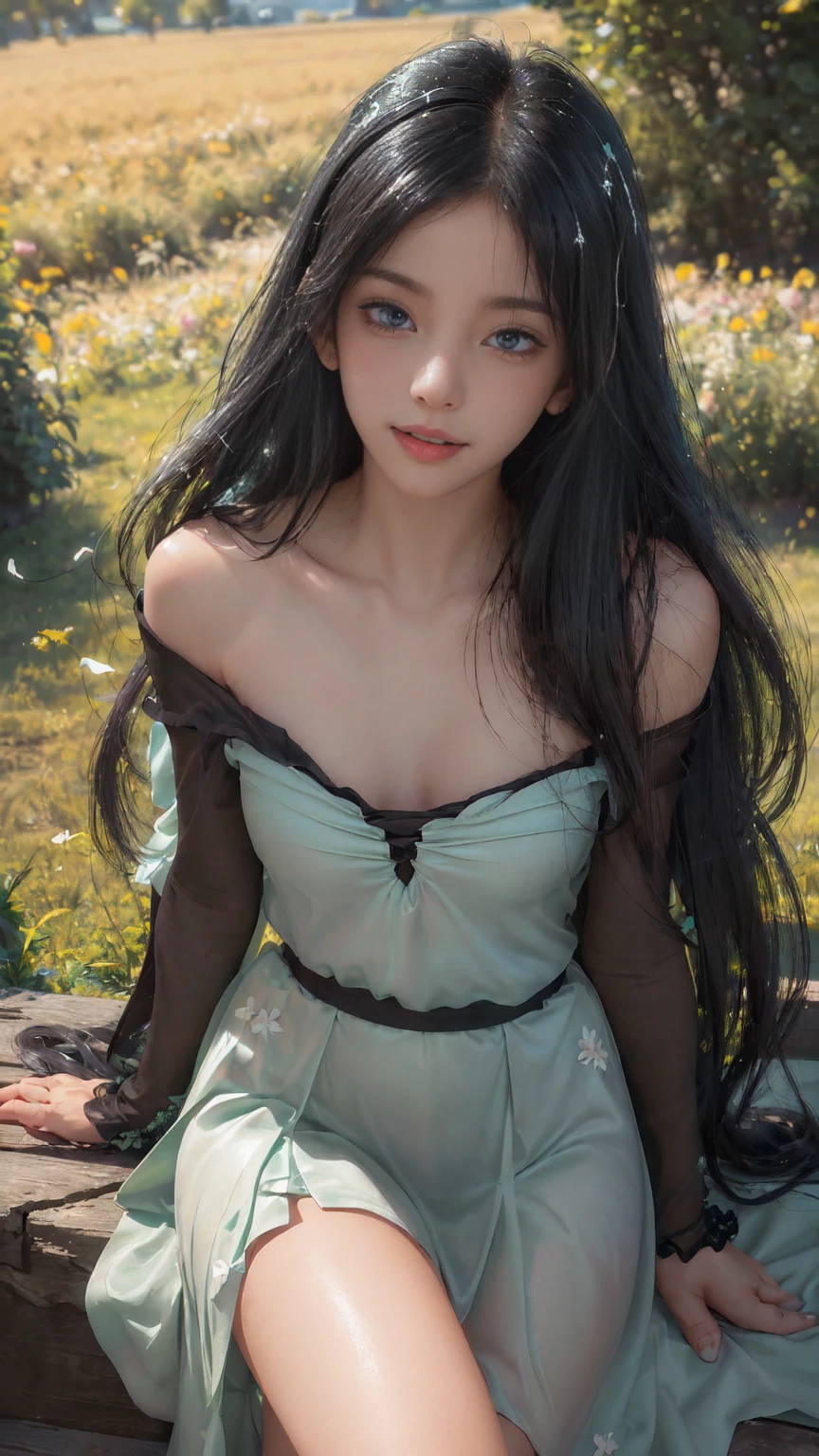 Fluorescent color、1 girl、Look to the side、Beautiful Face、Beautiful Eyes、(Off the shoulder:1.2)、Upper Body、Shiny Hair、Glowing Skin、Reduce glare、The proportions of the fingers have been adjusted、Tenebrosa、Ass Gonzo、Dynamic Angle、((((Master part)))、(((Best Quality)))、((Ultra Detari))、(An illustration)、(Detailed light)、((Very delicate and beautiful))、Dramatic_shade、Lightning strike_tracing、reflection、 Ultra-high resolution、(Girl walking in a flower field)、(The wind blows and the skirt flies up),(Sparkling colorful rose petals are dancing)、明るいGreen Eyes、 Black-haired woman、point of light々and sparkling snowflakes、Woman in a dark place filled with sparkling butterflies、 Black-haired woman、女性の周りのpoint of light、Magical Aura、Green Eyes、Supernatural Aura、超Magical AuraBlack-haired woman