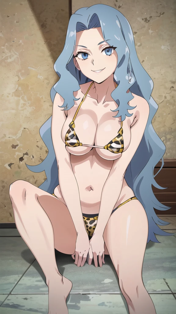 (masterpiece, 4K, Highest quality, anime style: 1.9, Detailed face, Lovely, Ocean,bold, High resolution, anime, alone, Curvaceous, Thighs, Cleavage, Center of chest, smile,  Very slim belly, Cowboy Shot,Leopard print micro bikini,1 Girl, Pokemon - Karen,((((Sharp Eye)))).(((Light blue long wavy hair))),(((Sit on the floor with your legs apart,M-shaped legs))),barefoot,front