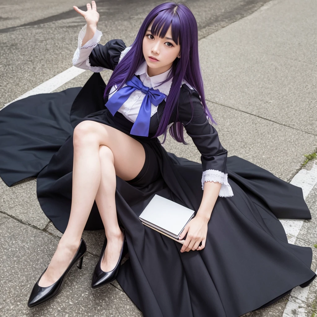 (8K, RAW photo, best quality, masterpiece:1.2), (realistic, photo-realistic:1.4), (extremely detailed 8K wallpaper),(1girl),Beautiful Face,Frederica Bernkastel, purple hair,dress, bowtie, mary janes,purple eyes,whole body,Lower Angle、Crossing your legs、sit