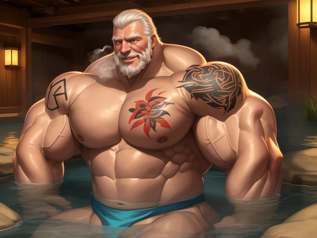 huge muscular old man dwarfs soaking in an open onsen, white and short hair, white beard, old, old man, grandpa, half submerged, huge scar on chest, , (huge muscular), (yakuza tattoo:1.2), detailed muscles, 8k, masterpiece:1.2, hyperrealistic, white fundoshi:1.2, highly detailed full body, ((really big muscle, massive muscular, sixpack, thick arms, wide pectoral, super huge muscle, small head, huge shoulder, hyper muscular, submerged, floating steam, over sized muscle, huge arms, big arms, huge pectoral)), rich colors, serene atmosphere, hot spring, landscape, soft ambient lighting, wrinkled skin, happy expression, reflective water, peaceful relaxation