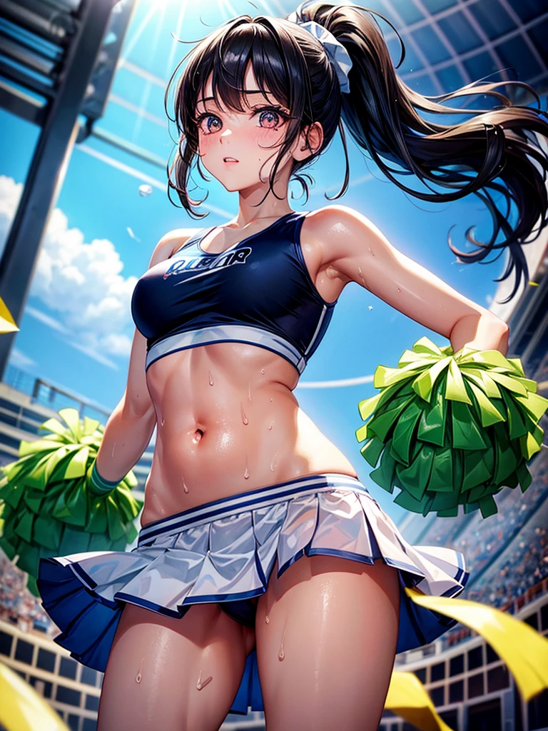Highest quality,Highest Resolution,Beautiful cheerleader girl,Sweat flying,Big eyes,Belly button,Underwear that becomes transparent due to sweat,Black hair ponytail,Diagonally below,Arena,support,