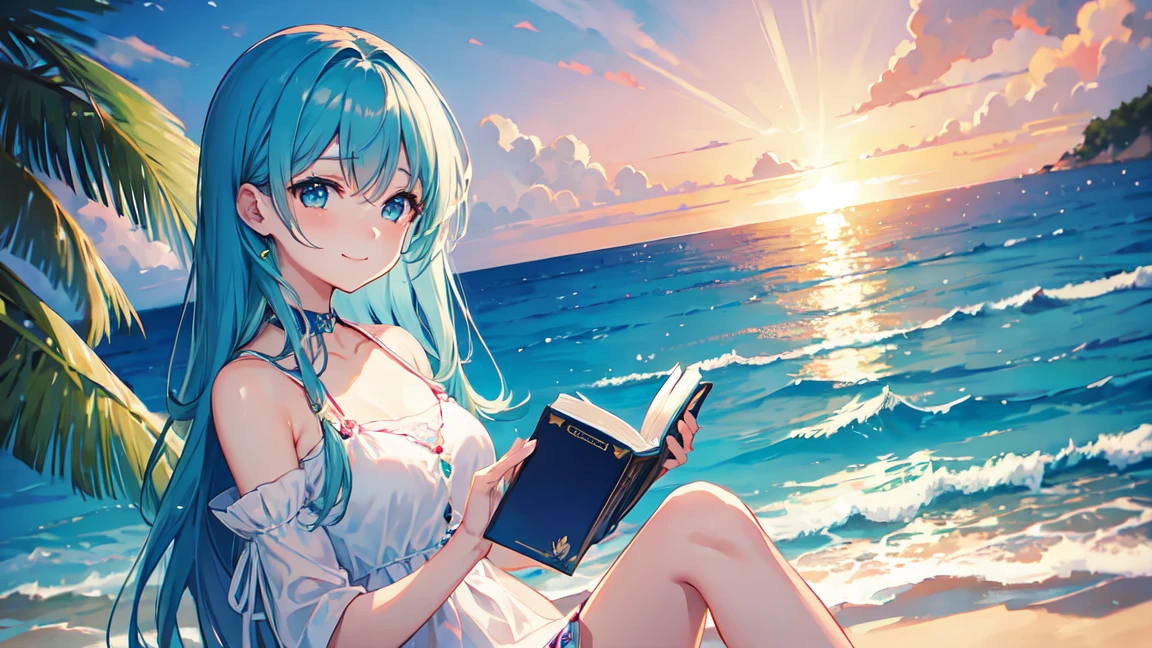 Female、smile、Sad look、Ocean、Tropical atmosphere,I have a book