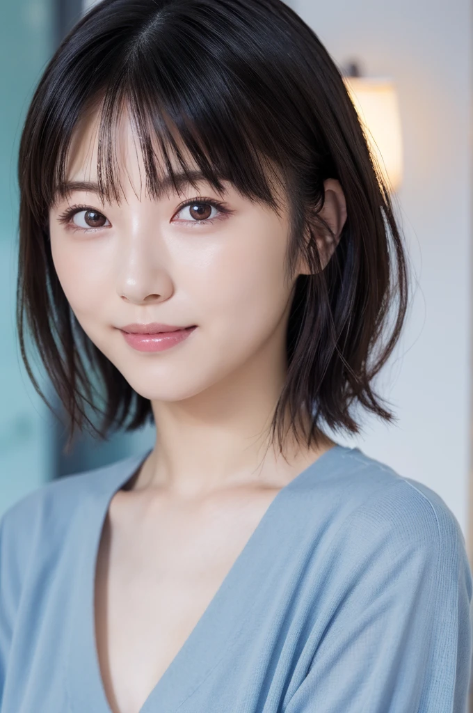 (Super beautiful girl:1.2), A neat and clean woman, masterpiece, Highest quality, Great Skin, Delicate face, A cool smile, Young Face, Clean look, Twinkle Eyes, double eyelid, Ample breasts、 ((High resolution)), ((Highly detailed CG Unity 8k wallpaper)), short hair, bangs, Elegant rounded bob, Face is angled and looking straight ahead、 Portrait of a woman in light blue clothes, captivating and mesmerizing, Dimly lit room, sentimental、