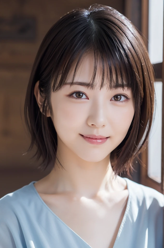 (Super beautiful girl:1.2), A neat and clean woman, masterpiece, Highest quality, Great Skin, Delicate face, A cool smile, Young Face, Clean look, Twinkle Eyes, double eyelid, Ample breasts、 ((High resolution)), ((Highly detailed CG Unity 8k wallpaper)), short hair, bangs, Elegant rounded bob, Face is angled and looking straight ahead、 Portrait of a woman in light blue clothes, captivating and mesmerizing, Dimly lit room, sentimental、