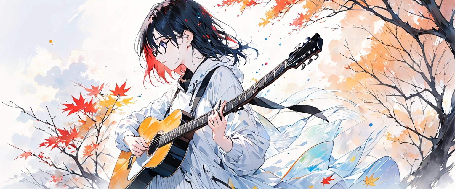 A painting by mse《man wearing glasses》,author:agnes cecile, Luminous design, Soft colors, Ink drops, Autumn Lights, Holding Guitar, Accorstic guitar, side view