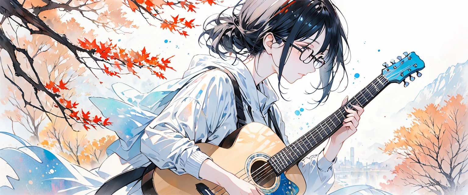 A painting by mse《man wearing glasses》,author:agnes cecile, Luminous design, Soft colors, Ink drops, Autumn Lights, Holding Guitar, Accorstic guitar, side view