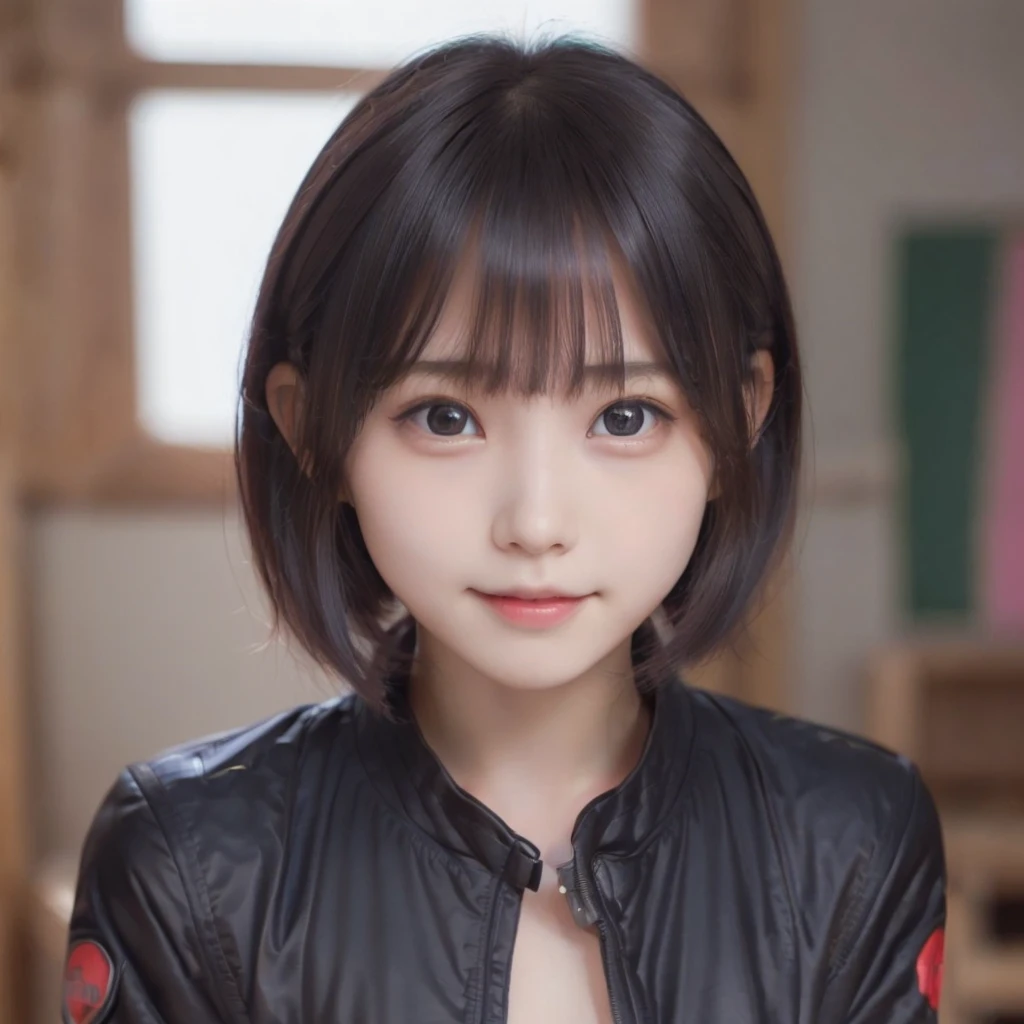 (((Beautiful girl small breasts))),Wearing a black jacket、Cyberpunk Red Green Background、(((Upper body naked))),smile,,、Round face,Big eyes, Round eyes、No makeup