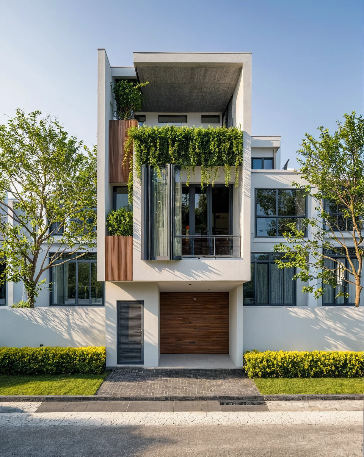 Real pictures of houses with balconies and balconies, idea houses, architectural ideas, architectural drawings, house designs, real pictures, daylight, beautiful plants, gray aluminum glass doors , interior lighting, spot light, 8k.