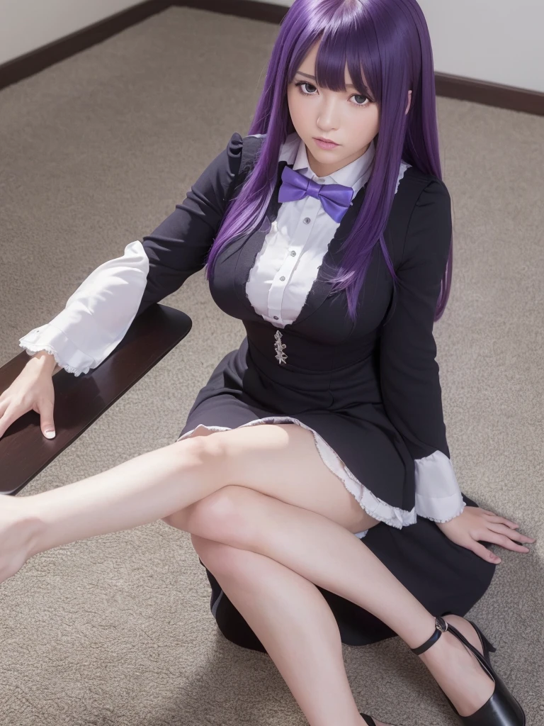 (8K, RAW photo, best quality, masterpiece:1.2), (realistic, photo-realistic:1.4), (extremely detailed 8K wallpaper),(1girl),Beautiful Face,Frederica Bernkastel, purple hair,dress, bowtie, mary janes,purple eyes,whole body,Lower Angle、Crossing your legs、sit
