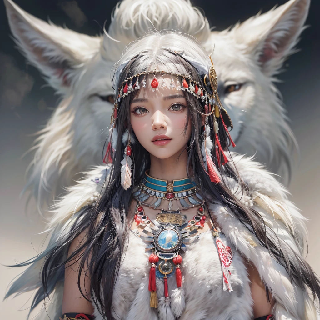 Shirakami-Sanchi、Hair flow、 ((Highest quality、masterpiece、8K、Best image quality、Ultra-high resolution、Award-winning works)、(Accurate anatomy:1.1)、(Look at me and smile:1.1)、Shining fair skin with Ultra-high resolution、The most detailed face、Ultra-high resolution detailed face、Ultra-high resolutionの髪の毛、(Ultra-high resolutionの煌めく瞳:1.1)、Beautiful face drawn in every detail、(Blurred Background:1.1)、Native American white costume, American Indian Clothing, Chest to chest, tattoo、A real giant condor next to you。Observe the white wolf