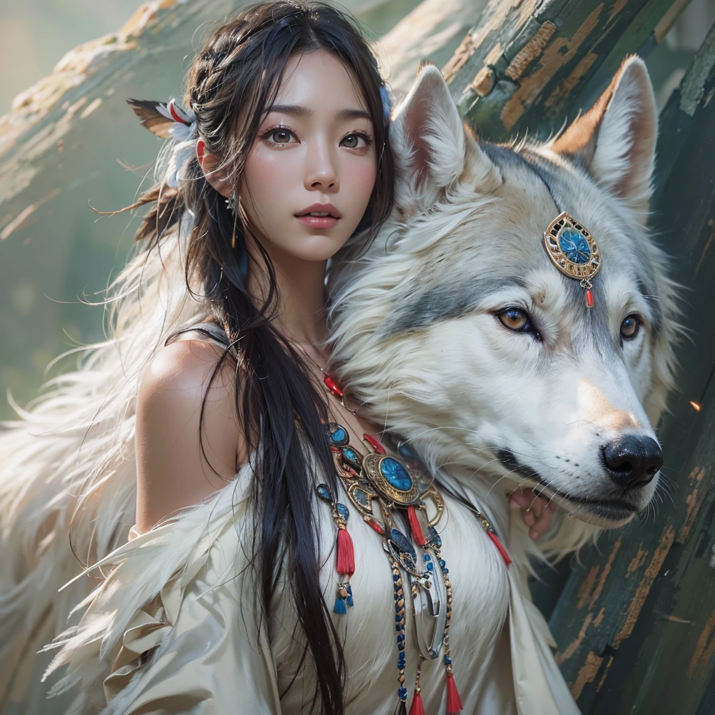 Shirakami-Sanchi、Hair flow、 ((Highest quality、masterpiece、8K、Best image quality、Ultra-high resolution、Award-winning works)、(Accurate anatomy:1.1)、(Look at me and smile:1.1)、Shining fair skin with Ultra-high resolution、The most detailed face、Ultra-high resolution detailed face、Ultra-high resolutionの髪の毛、(Ultra-high resolutionの煌めく瞳:1.1)、Beautiful face drawn in every detail、(Blurred Background:1.1)、Native American white costume, American Indian Clothing, Chest to chest, tattoo、A real giant condor next to you。Observe the white wolf