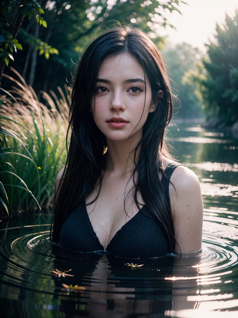 close up portrait of a cute woman (gldot) bathing in a river, reeds, (backlighting), realistic, masterpiece, highest quality, lens flare, shade, bloom, [[chromatic aberration]], by Jeremy Lipking, by Antonio J. Manzanedo, digital painting,