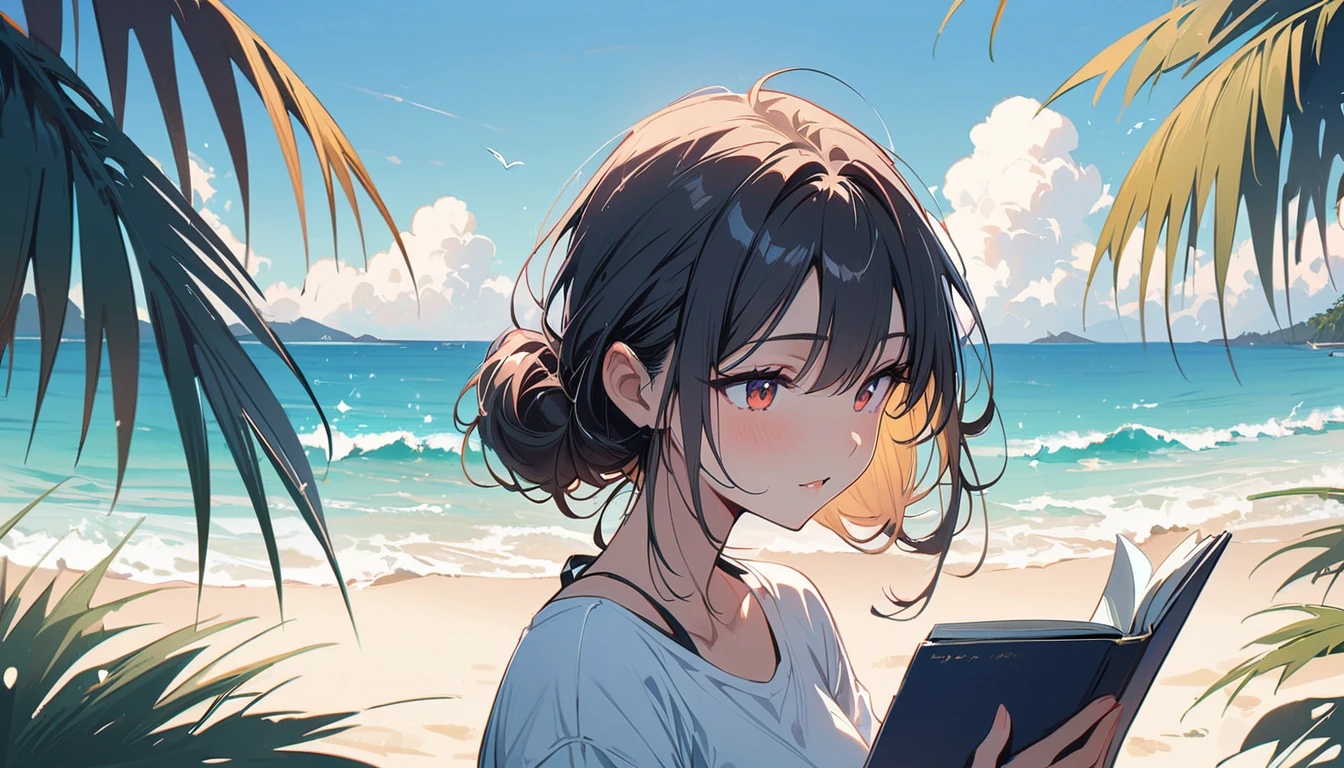 (masterpiece, Highest quality:1.2), 1 Girl, alone,Eyes open,I have a book,Tropical atmosphere,Ocean