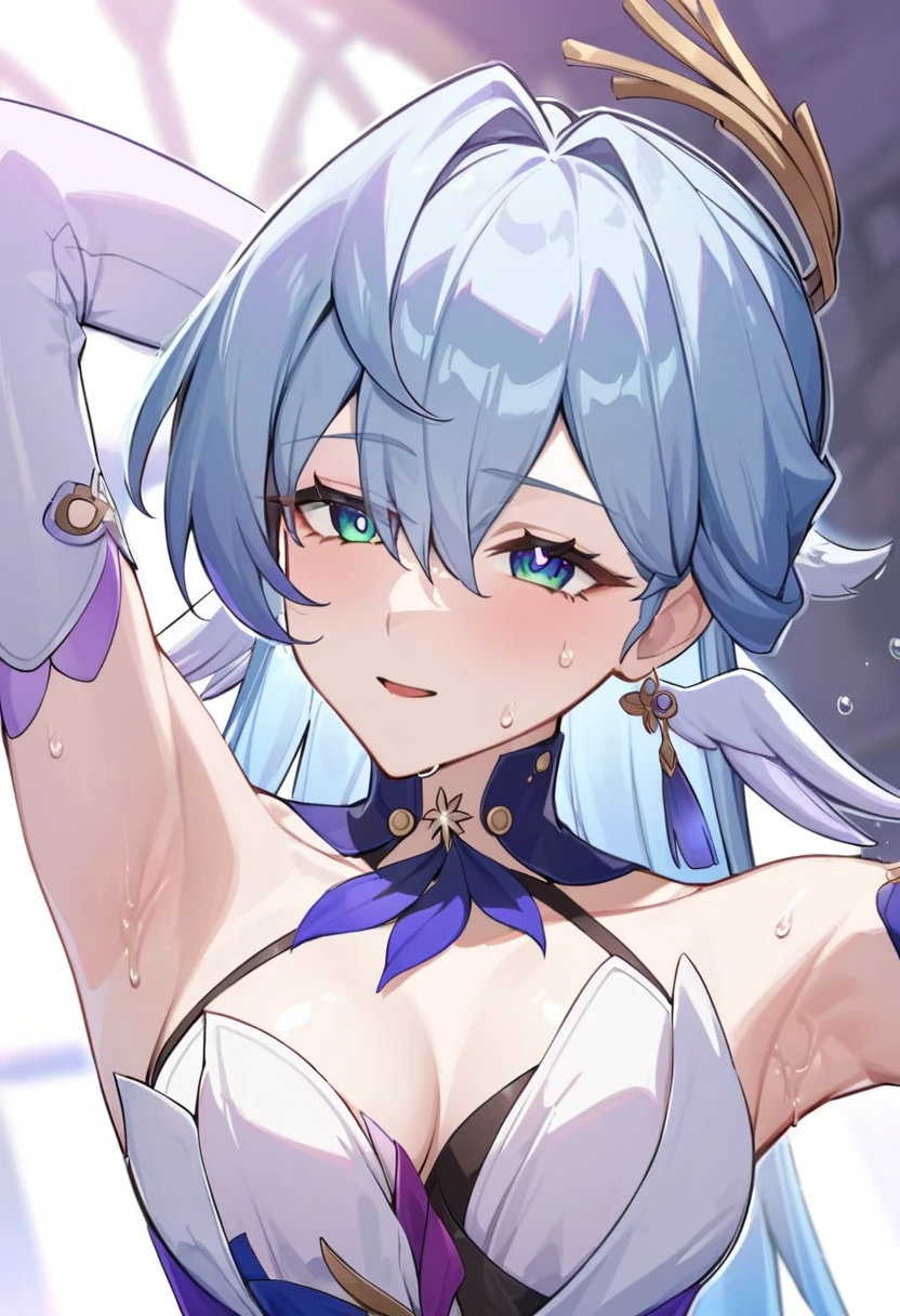 Robin from honkai star rail, playful gaze, sweating, showing tits, showing armpits, alluring face, sitting on us face to face