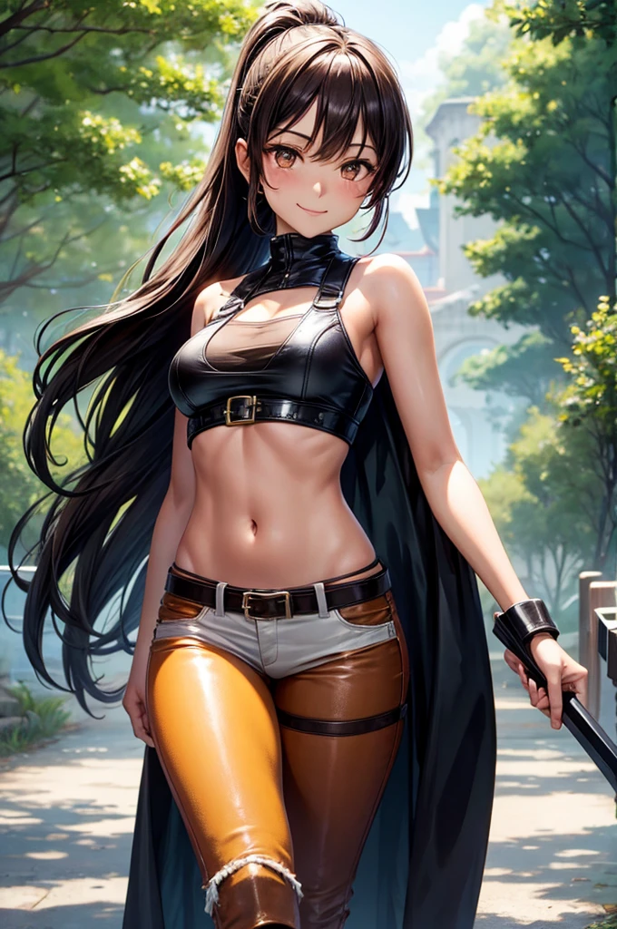 Young girl, tanned skin, short brown ponytail, golden eyes, very small breasts, smiling, leather harness, white sleeveless t-shirt, black fabric pants, leather belt, sword sheathed on right hip, walking on a path land, forest, evening